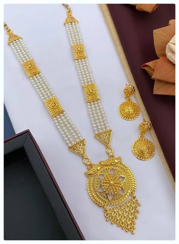 White_Traditional_Temple_Design_Long_Necklace_Set_With_Golden_Pendant_For_Women