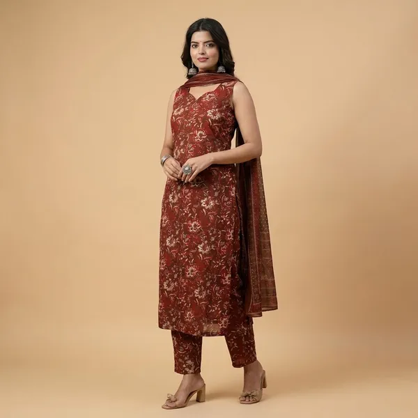 Sleeveless_Maroon_Kurti_Pant_Set_with_Duppatta