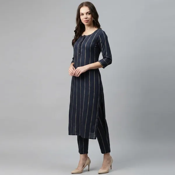 Dark_Blue_Striped_Viscose_Rayon_3/4_Sleeve_Kurta_Pant_Set_For_Women