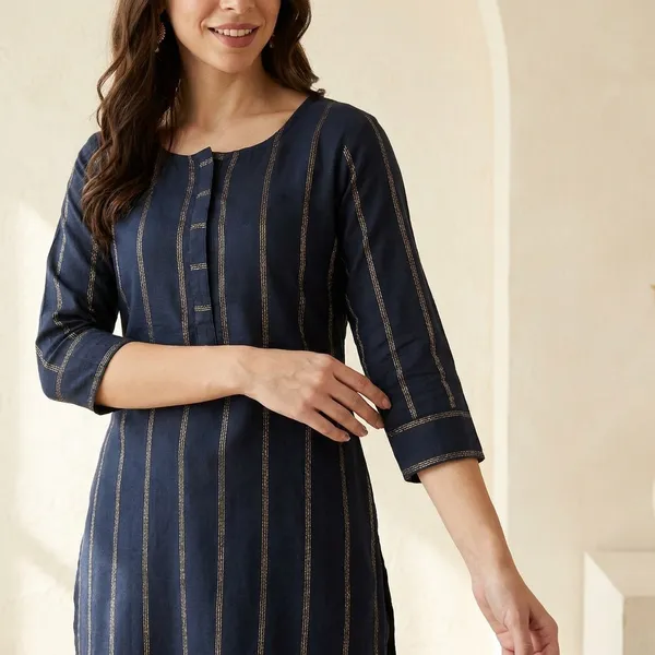Dark_Blue_Striped_Viscose_Rayon_3/4_Sleeve_Kurta_Pant_Set_For_Women