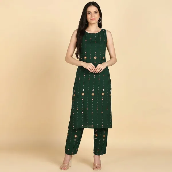 Green_Striped_Sleeveless_Rayon_Kurta_Pant_For_Women