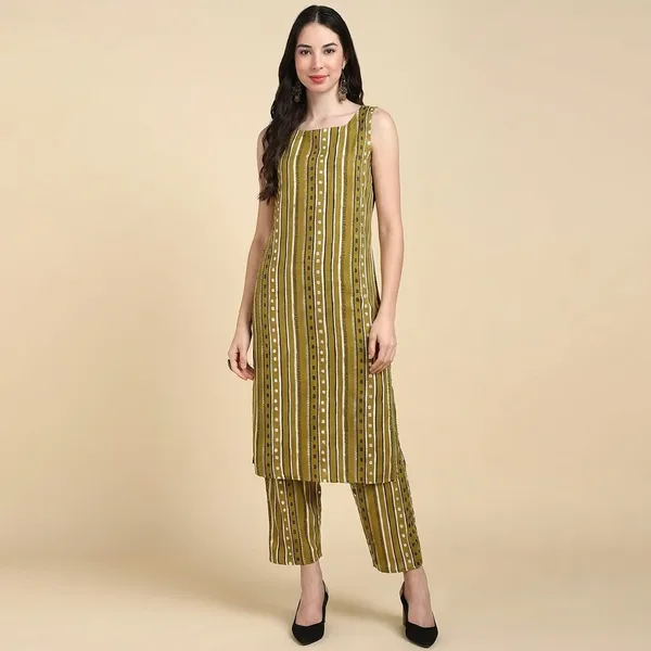 Green_Striped_Sleeveless_Rayon_Kurta_Pant_For_Women
