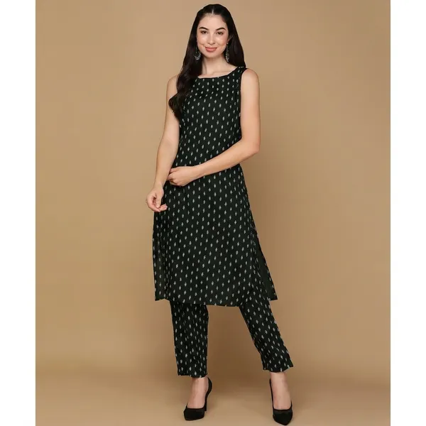 Green_Printed_Sleeveless_Rayon_Kurta_Pant_For_Women