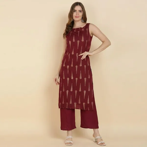 Maroon_Printed_Sleeveless_Rayon_Kurta_Pant_For_Women