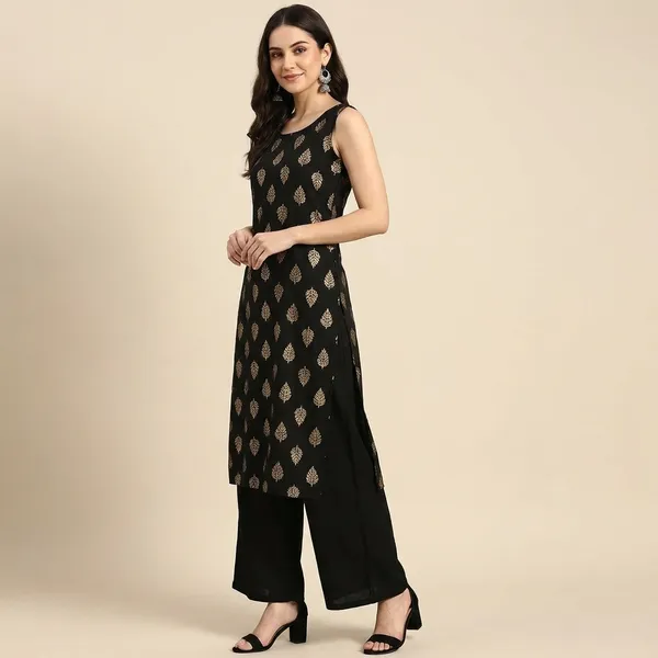 Black_Printed_Sleeveless_Rayon_Kurta_Pant_For_Women