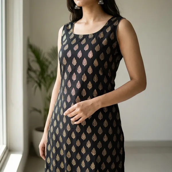 Black_Printed_Sleeveless_Rayon_Kurta_Pant_For_Women