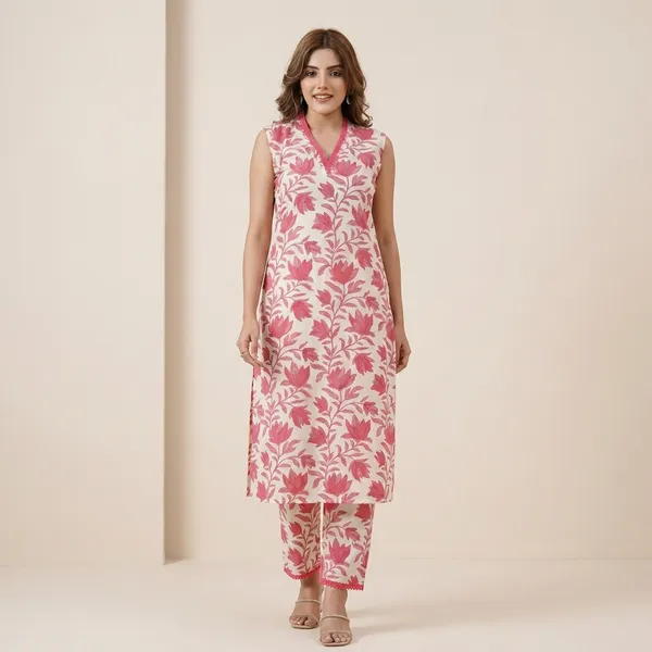 Pink_And_White_Printed_Sleeveless_Pure_Cotton_Kurta_Pant_For_Women