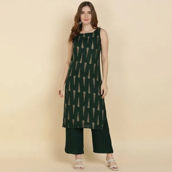 Green_Printed_Viscose_Rayon_Sleeveless_Kurti_Pant_Set_For_Women
