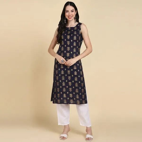 Blue_Printed_Viscose_Rayon_Sleeveless_Kurti_Pant_Set_For_Women