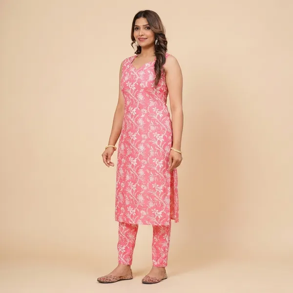 Pink_Floral_Print_Pure_Cotton_Sleeveless_Kurti_Pant_Set_For_Women