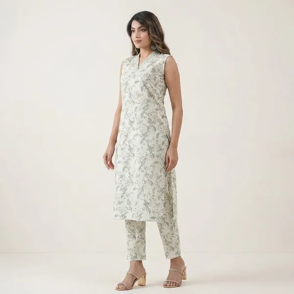 Green_Printed_Pure_Cotton_Sleeveless_Kurta_Pant_Set_For_Women