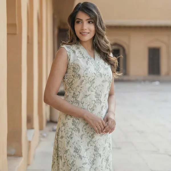 Green_Printed_Pure_Cotton_Sleeveless_Kurta_Pant_Set_For_Women