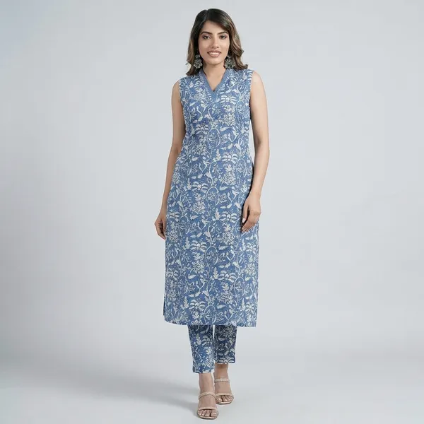 Light_Blue_Printed_Pure_Cotton_Sleeveless_Kurta_Pant_Set_For_Women