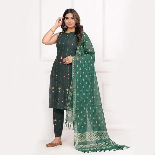 Green_Cotton_Rayon_Sleeveless_Printed_Kurti_Pant_Dupatta_Set_For_Women
