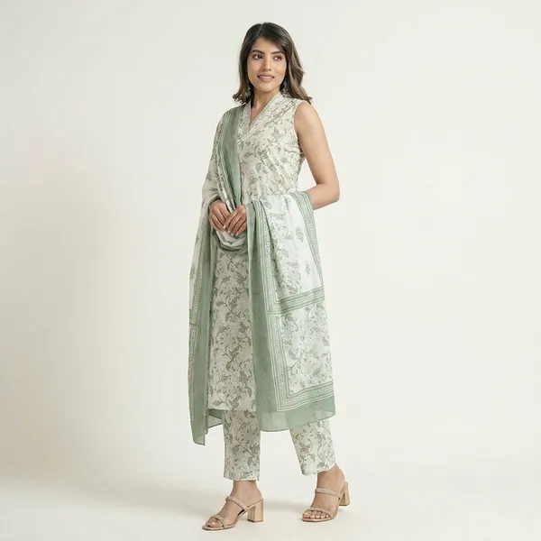 Green_Pure_Cotton_Sleeveless_Printed_Kurti_Pant_Dupatta_Set_For_Women