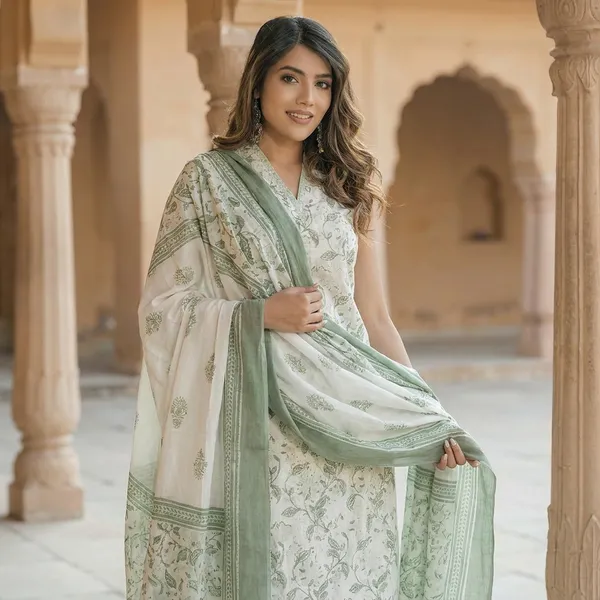 Green_Pure_Cotton_Sleeveless_Printed_Kurti_Pant_Dupatta_Set_For_Women