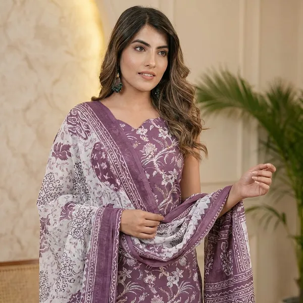 Purple_Pure_Cotton_Sleeveless_Printed_Kurti_Pant_Dupatta_Set_For_Women