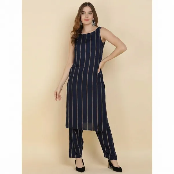 Blue_Striped_Viscose_Rayonsleeveless_Kurta_Pant_Set_For_Women