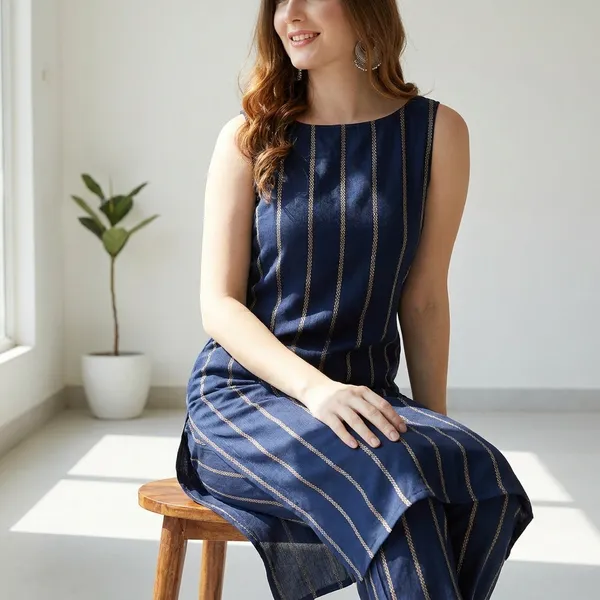 Blue_Striped_Viscose_Rayonsleeveless_Kurta_Pant_Set_For_Women