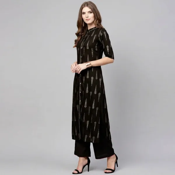 Black_Printed_3/4_Sleeve_Rayon_Kurta_Palazzo_For_Women