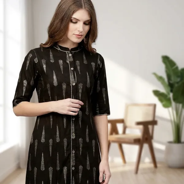 Black_Printed_3/4_Sleeve_Rayon_Kurta_Palazzo_For_Women
