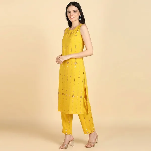 Yellow_Striped_Sleeveless_Rayon_Kurti_Pant_For_Women