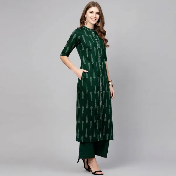 Green_Printed_3/4_Sleeve_Rayon_Kurti_Pant_For_Women