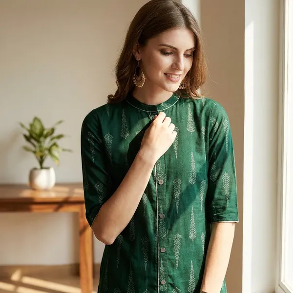 Green_Printed_3/4_Sleeve_Rayon_Kurti_Pant_For_Women
