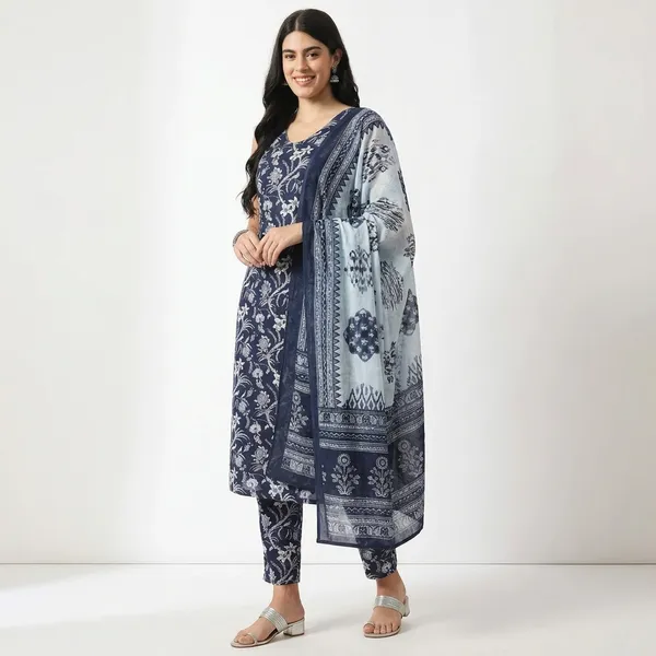 Blue_Floral_Print_Pure_Cotton_Sleeveless_Kurti_Pant_Dupatta_Set_For_Women