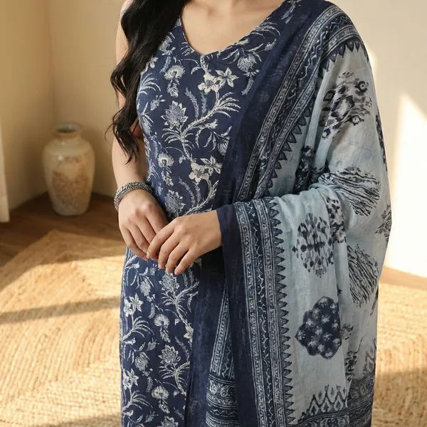 Blue_Floral_Print_Pure_Cotton_Sleeveless_Kurti_Pant_Dupatta_Set_For_Women