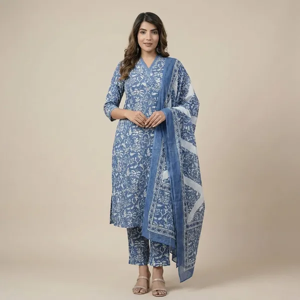 Blue_Floral_Print_Pure_Cotton_Sleeveless_Kurti_Pant_Dupatta_Set_For_Women