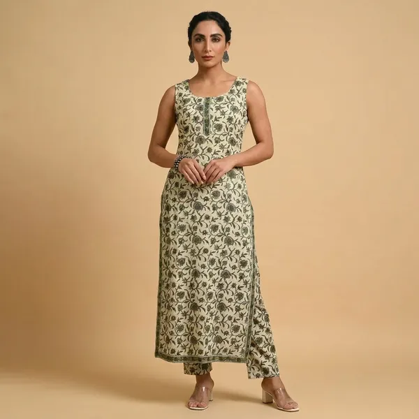 Light_Green_Floral_Print_Cotton_Blend_Sleeveless_Kurti_Pant_Set_For_Women