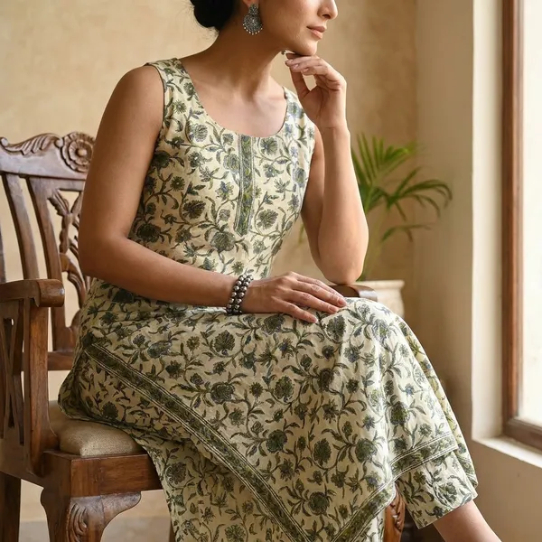 Light_Green_Floral_Print_Cotton_Blend_Sleeveless_Kurti_Pant_Set_For_Women