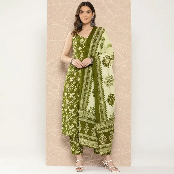 Green_Printed_Pure_Cotton_Sleeveless_Kurta_Pant_Dupatta_Set_For_Women