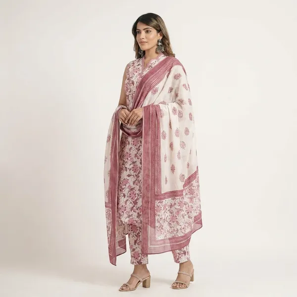 Purple_And_Pink_Floral_Print_Pure_Cotton_Sleeveless_Kurti_Pant_Dupatta_Set_For_Women