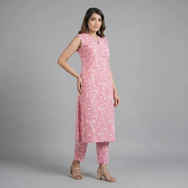 Pink_Printed_Sleeveless_Pure_Cotton_Kurta_Pant_Set_For_Women