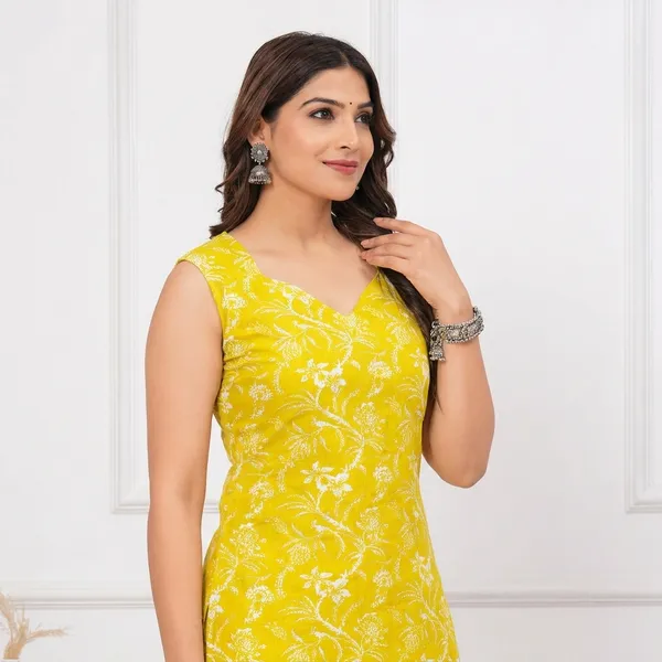 Light_Green_Floral_Print_Sleeveless_Pure_Cotton_Kurti_Pant_Set_For_Women