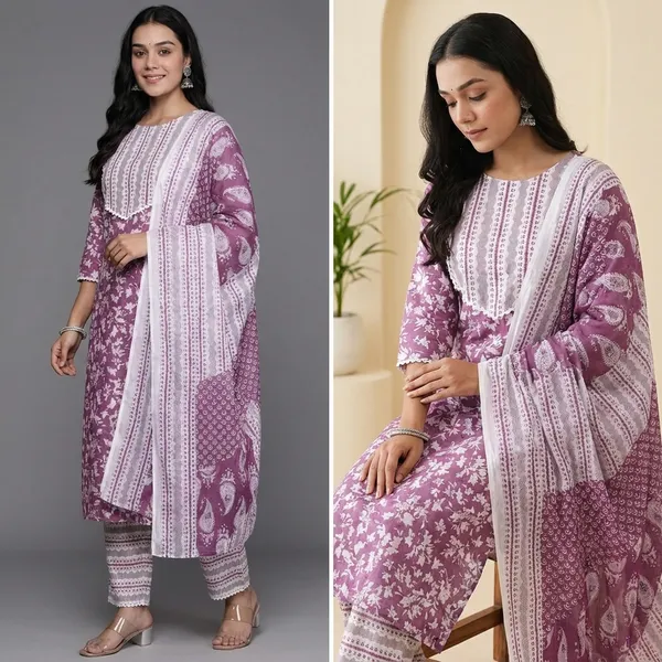 Purple_Printed_3/4_Sleeve_Rayon_Kurta_Pant_Dupatta_Set_For_Women