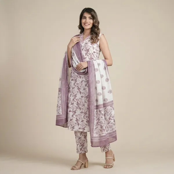 Purple_Sleeveless_Floral_Print_Mauve_Pure_Cotton_Kurti_Pant_Dupatta_Set_For_Women