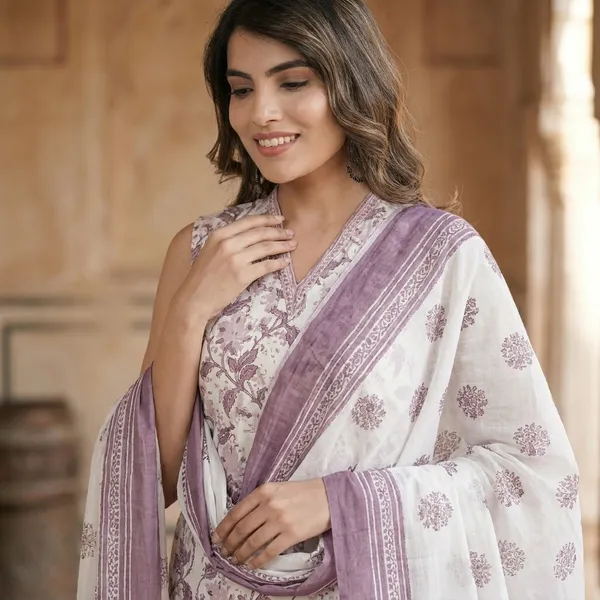 Purple_Sleeveless_Floral_Print_Mauve_Pure_Cotton_Kurti_Pant_Dupatta_Set_For_Women