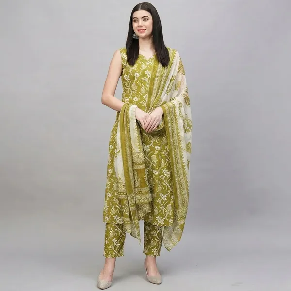 Green_Sleeveless_Floral_Print_Pure_Cotton_Kurti_Pant_Dupatta_Set_For_Women