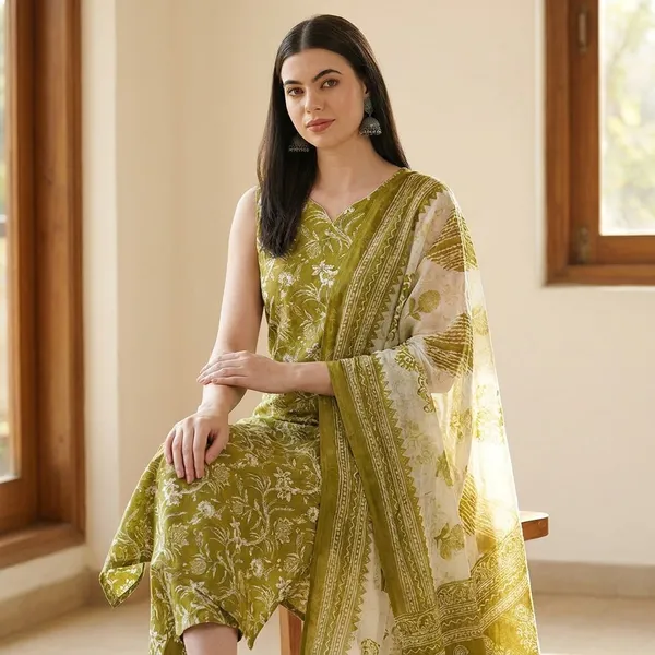Green_Sleeveless_Floral_Print_Pure_Cotton_Kurti_Pant_Dupatta_Set_For_Women