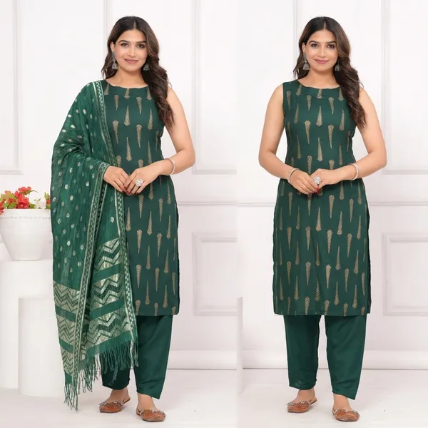 Green_Printed_Sleeveless_Cotton_Rayon_Kurta_Pant_Dupatta_Set_For_Women