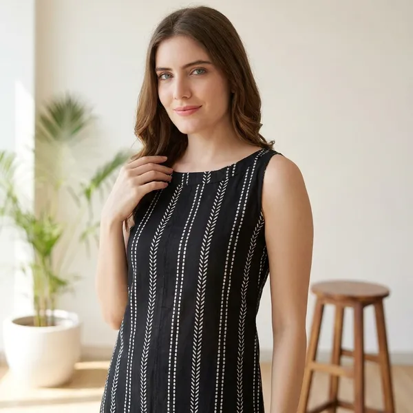 Black_Striped_Sleeveless_Viscose_Rayon_Kurta_Pant_Set_For_Women