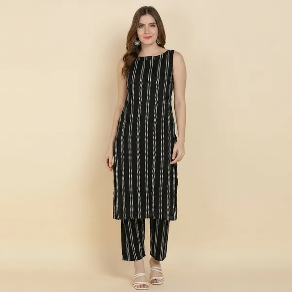 Black_Striped_Sleeveless_Viscose_Rayon_Kurta_Pant_Set_For_Women