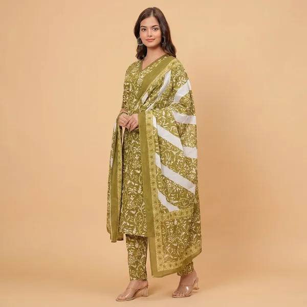 Green_Casual_Wear_Women_Cotton_Kurta_Pant_Set_With_Dupatta