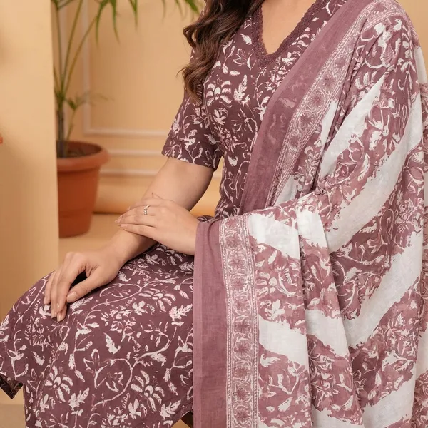 Brown_Casual_Wear_Women_Cotton_Kurta_Pant_Set_With_Dupatta