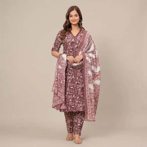 Brown_Casual_Wear_Women_Cotton_Kurta_Pant_Set_With_Dupatta