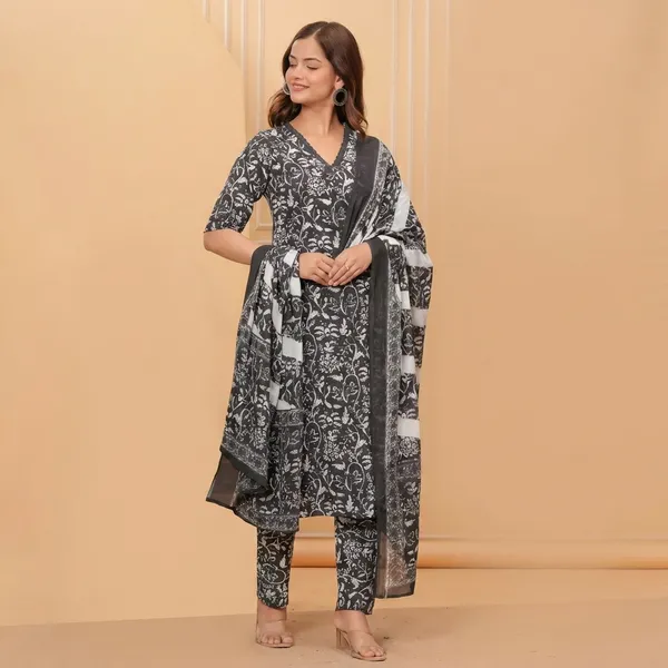 Black_Casual_Wear_Women_Cotton_Kurta_Pant_Set_With_Dupatta