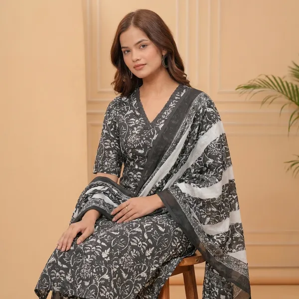 Black_Casual_Wear_Women_Cotton_Kurta_Pant_Set_With_Dupatta